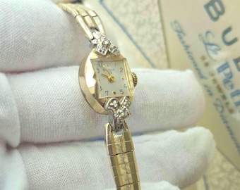 Vintage Bulova 10K Gold & Diamonds La Petite Ladies Mechanical Cocktail Watch in Original Box! 23 Jewels! RARE! WORKS!! STUNNING!!!
