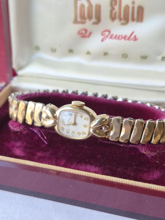 Elgin Rare Vintage Gold Plated Mechanical Ladies Watch Gold Bracelet Case Vintage 1940s Elgin Heart 10K Gold Lady Mechanical Cocktail  main image 2
