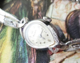 Vintage 1920s to 50s Bulova 10K rgp white gold Vintage Bulova 10K White Gold & Diamonds Ladies Mechanical  main image 4