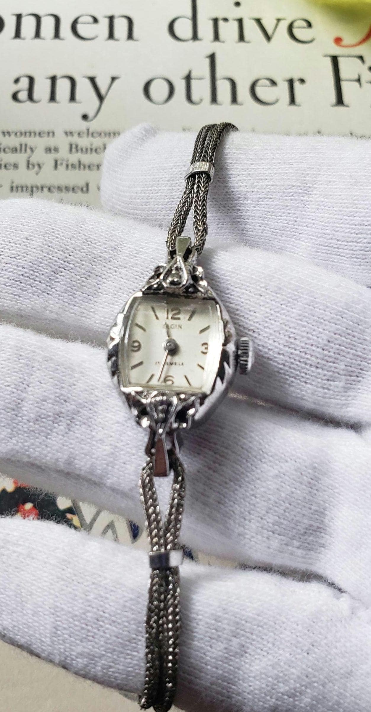 Vintage 1950's Elgin 10K Gold & Diamonds Dainty Women's Mechanical Watch 17 Jewels Rounded Square Extended Bezel WORKS! GORGEOUS!!!