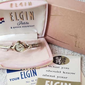 Vintage 1950&#39;s 10K Gold Elgin Ladies Cocktail Watch! Pink Orig Rare Boxes, Tag & Papers! Mint Condition! Works! ABSOLUTELY RETRO FABULOUS!