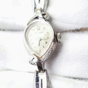 Vintage Bulova ladies teardrop shaped white gold filled mechanical watch C. 1950 Vintage Bulova Women main image 2