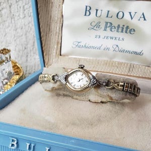 Vintage 10K Gold Diamond Bulova La Petite Cocktail Watch - 23 Jewels, Original Box