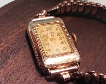 Vintage 1932 10K Gold Filled Art Deco Elgin Tank Ladies Mechanical Wrist Watch!!