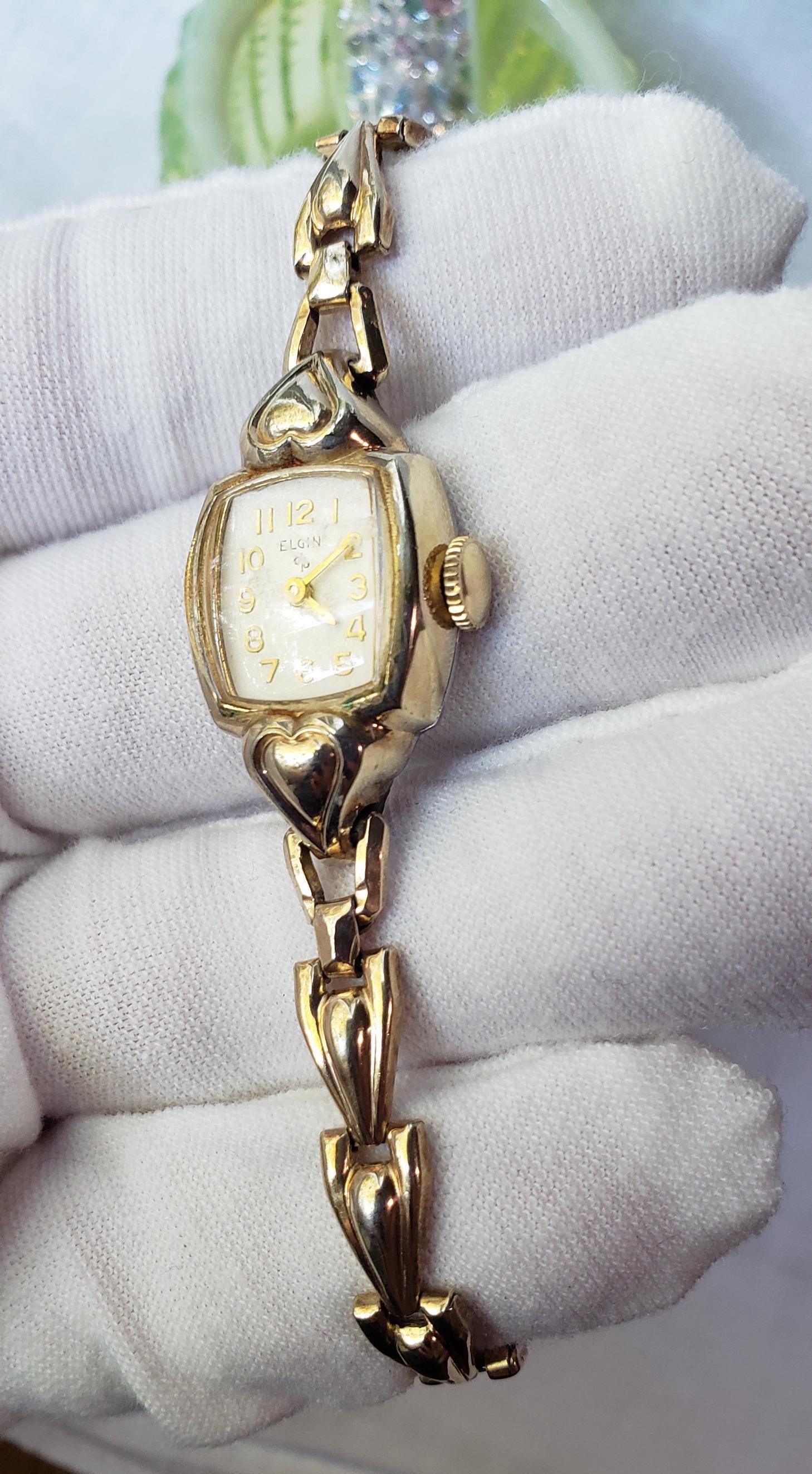 Vintage 1940s Elgin Heart 10K Gold Lady Mechanical Cocktail 