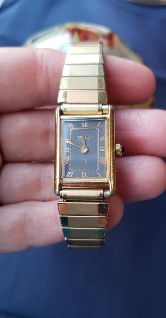 Vintage Citizen Quartz Watch: Gold Tone Tank, Blue Dial - Etsy display picture 1
