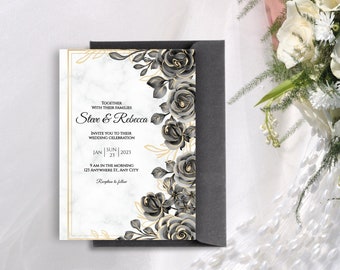 Wedding Invitation Template Set, Printable Gold Trim Black Flowers Wedding Invite Template, Instant Download Editable Floral Wedding Invite