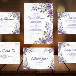 Wedding Invitation Template Set, Purple Flowers with Trim, Download, Edit and Print, Templett Instant Download, Wedding Invitation
