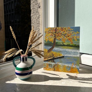 Pintura impresionista al óleo original, decoración otoñal, arte cottagecore, arte mural con textura natural, paisaje otoñal melancólico