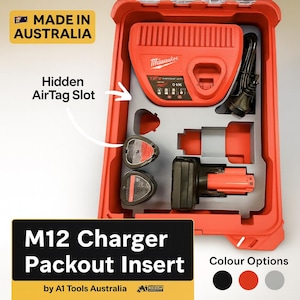 Organizzatore per batterie e caricabatterie Milwaukee Packout M12 - Scomparto AirTag nascosto / Conserva 5 batterie + caricabatterie