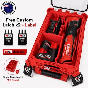 Peut inclure: Un coffret de rangement rouge pour outil multifonction Milwaukee M12 Fuel avec un insert en plastique rouge personnalisé. Le coffret contient un outil multifonction, une batterie RedLithium 6.0Ah et deux loquets noirs M12 Multi Tool.