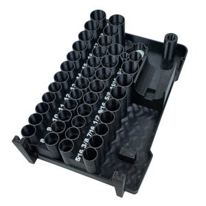 May include: A black 3D-printed organiser tray featuring multiple vertical cylindrical slots for drill bits or tools. The base includes white printed labels with fractional inch measurements ranging from 5/16 to 1/2 and numerical markings.