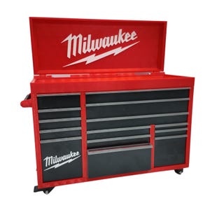 May include: Red tool chest with a black top and multiple drawers. The chest has the Milwaukee logo on the top and side.