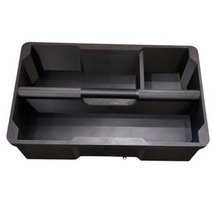 May include: A black plastic tool box with a handle and multiple compartments. The tool box has a rectangular shape with a handle in the center for easy carrying. The compartments are designed to organize tools.