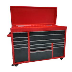 May include: A red and black rolling tool chest with an open lid. The chest has multiple drawers with silver handles and a black body. The top section is red, and the chest is on wheels for easy movement. A handle is on the side.