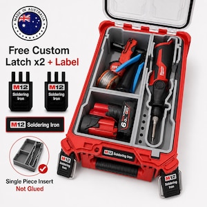 May include: A red and grey plastic tool storage case containing a cordless soldering iron, a battery, and a spool of solder. The case features custom black latches and a label reading M12 Soldering Iron. A separate grey insert is shown.