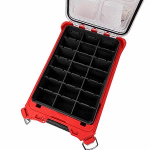 May include: A red rectangular storage organiser case with a clear hinged lid and a black interior featuring twenty-four individual compartments. The case includes a black handle and metal latches on the exterior for secure closure and transport.