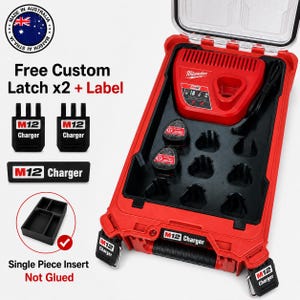 May include: A red Milwaukee M12 charger case with a black interior insert, two black M12 charger latches, and a black M12 charger label. The case includes a red battery charger and two batteries. Text reads Free Custom Latch x2 + Label.