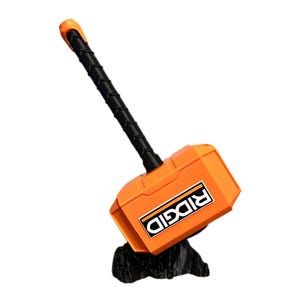 May include: An orange and black hammer with the word "RIDGID" in a white rectangle on the side. The hammer has a black handle and an orange head. The hammer is resting on a black base.