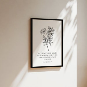 Christelijk cadeau voor haar, Spreuken 31:26, deugdzame vrouw, christelijk modern interieur, afdrukbare christelijke muurkunst met schrift