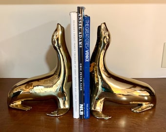 Solid Brass Sea Lion Bookends, Figurines, Sarried Ltd, Large 11” High