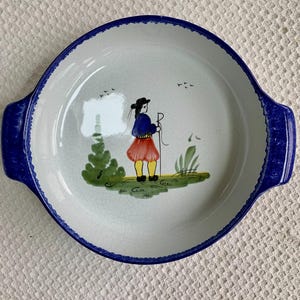 HB Quimper Hand Painted Faience Cassarole: Breton Man, Made in France