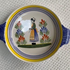 Henriot Quimper Hand-Painted Faience Casserole Dish: Breton Woman Decor