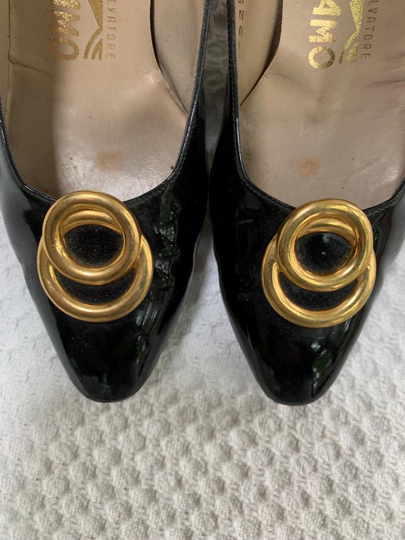 SALVATORE FERRAGAMO Black Patent Leather Heels With Gold  Salvatore Ferragamo Black Leather Pumps with Gold Bit Detail main image 0