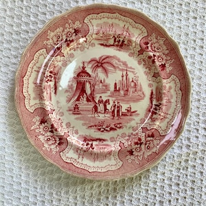 Antique William Adam’s Red Transferware Plate, Palestine #3 Pattern, 8.5” Rare. Read Description