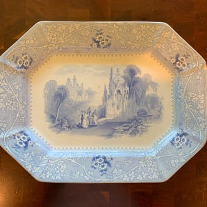 Antique W. Adam’s COLUMBIA English Blue & White Transferware PLATTER 16”x12” . Condition Described in Description