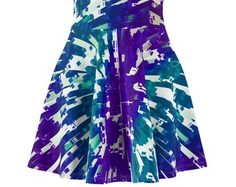 Digital Wave Skirt, Cyber Skater Skirt, Purple & Blue Tennis Skirt, Designer Dress, High Rise Punk Skirt