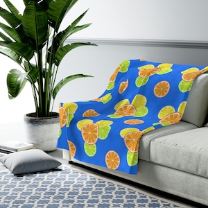 Citrus Fruit Slices, Orange Lemon Lime on Blue Background, Throw Blanket, Tropical Pattern Couch Blanket, Minimalist Home Décor,
