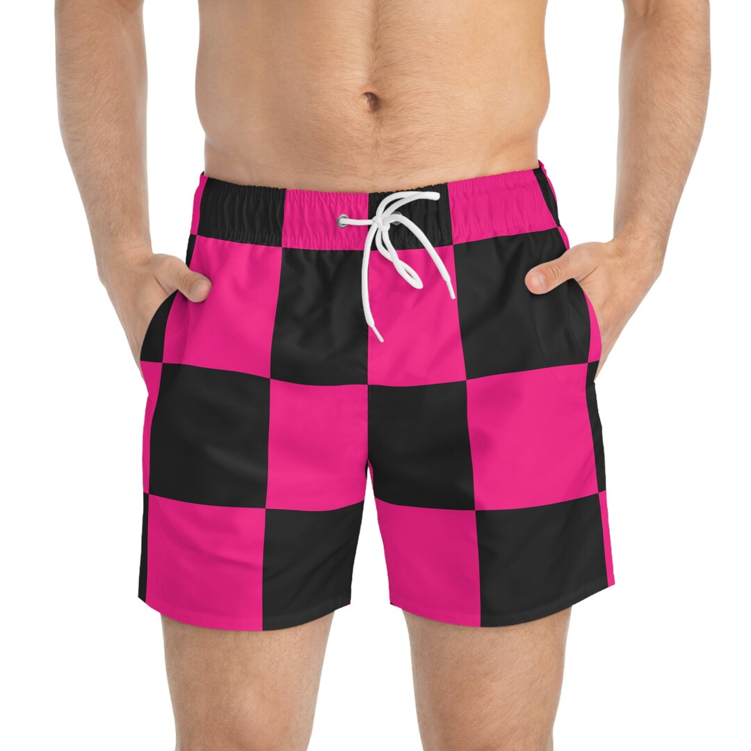Hot Pink Checkered Swim Trunks, Anime Inspired Swimming Shorts, Magenta