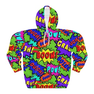 Bunter Comic-Ausdrücke-Pullover, cooler Comic-Hoodie, Sweatshirt für Comic-Fan, nerdy Pullover, coole Streetwear,