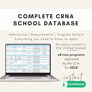 CRNA School Database Spreadsheet 2025 - CCRN, personal statement, acceptance rate, program length, cost, and schools that don&#39;t require GRE