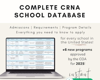 CRNA School Database Spreadsheet 2025 - CCRN, personal statement, acceptance rate, program length, cost, and schools that don&#39;t require GRE