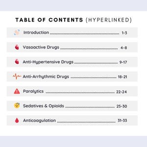 Pu&ograve; includere: Un sommario digitale intitolato TABLE OF CONTENTS (HYPERLINKED) che elenca categorie mediche tra cui Introduction, Vasoactive Drugs, Anti-Hypertensive Drugs, Anti-Arrhythmic Drugs, Paralytics, Sedatives & Opioids e Anticoagulation.