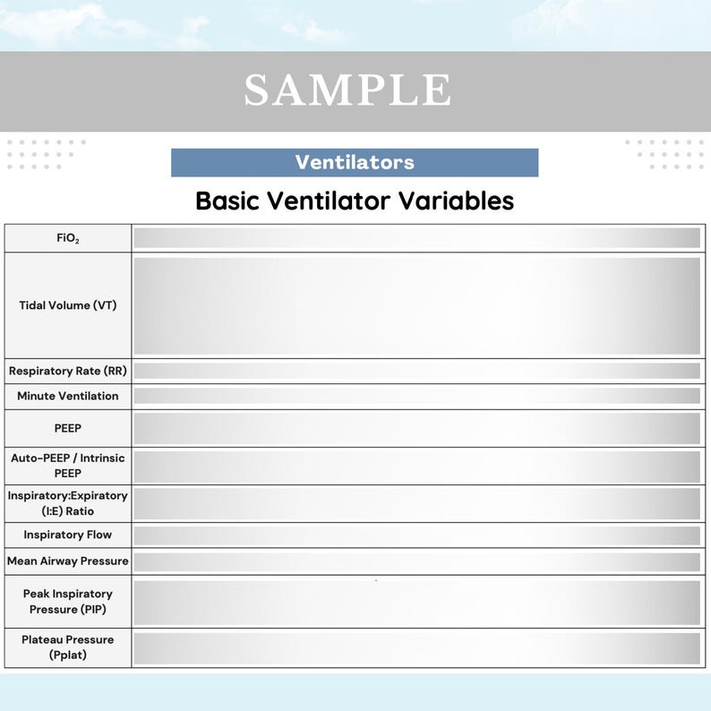 May include: A white educational chart titled Basic Ventilator Variables with a blue header. The table lists medical terms including FiO2, Tidal Volume (VT), Respiratory Rate (RR), Minute Ventilation, PEEP, Auto-PEEP, I:E Ratio, and Peak Inspiratory Pressure.