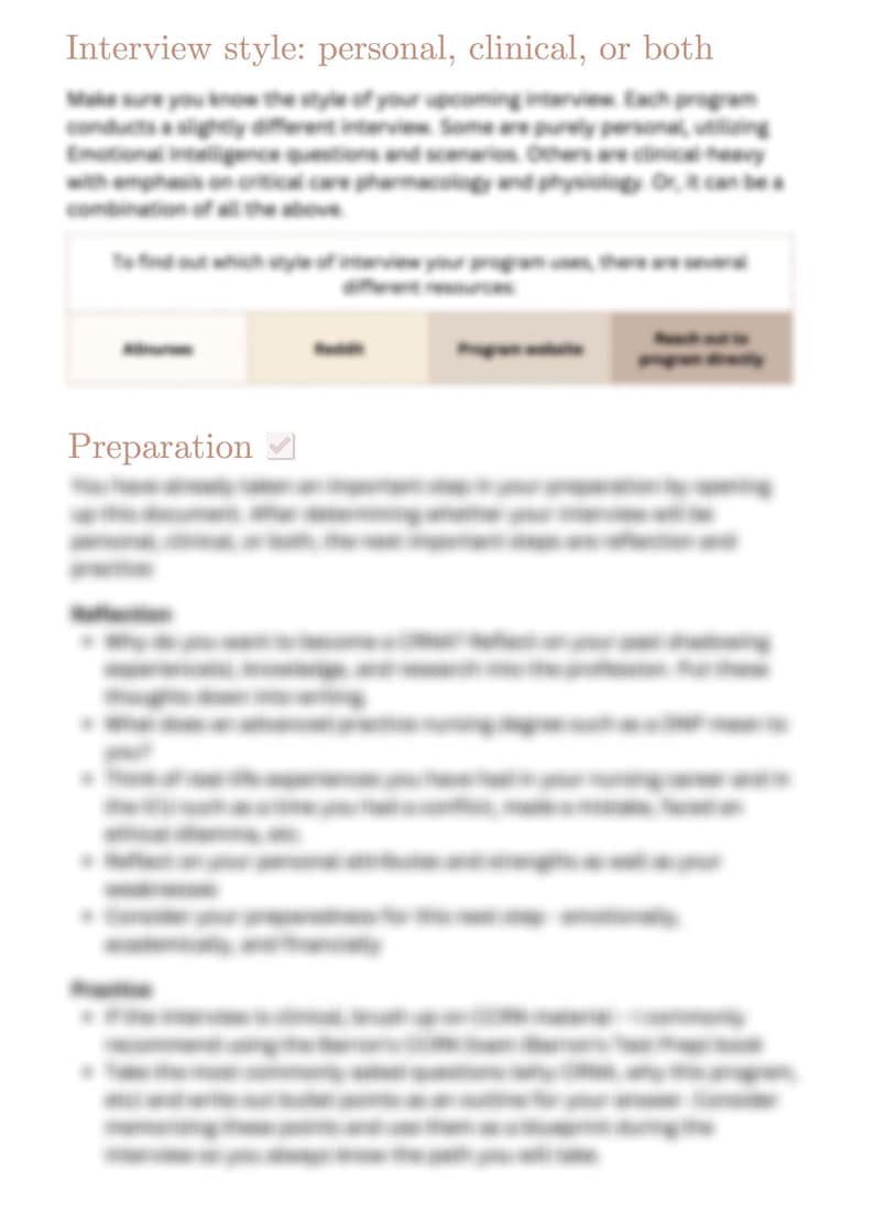 May include: A page from a guidebook with the title "Interview style: personal, clinical, or both". The page discusses the importance of preparation for an interview, including researching the program and reflecting on your personal attributes and strengths.