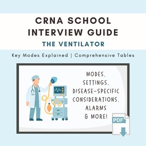 Pode incluir: Um guia digital intitulado CRNA SCHOOL INTERVIEW GUIDE THE VENTILATOR com o subtítulo Key Modes Explained | Comprehensive Tables. Apresenta uma ilustração de um profissional médico com um ventilador e uma lista de tópicos incluindo modos, configurações, considerações específicas de doenças, alarmes e mais, além de um ícone de download em PDF.