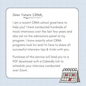 May include: A white card with the text "Dear Future CRNA," offering interview tips and tricks. The card includes a calendar graphic and promises a PDF download with a Calendly link for a Zoom interview.