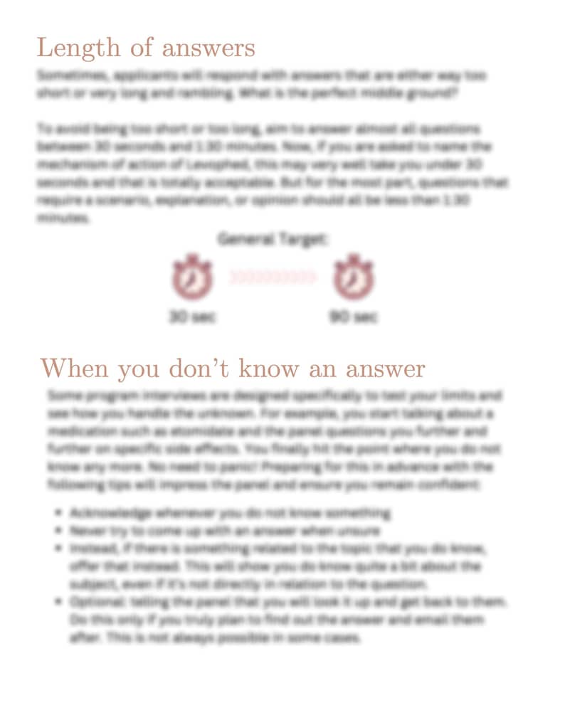 May include: A page from a guidebook with the title "Length of answers" and a section titled "When you don't know an answer". The page discusses the importance of answering questions in a timely manner and provides tips for handling questions when you don't know the answer.