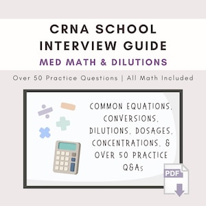 May include: A digital guide titled CRNA SCHOOL INTERVIEW GUIDE MED MATH & DILUTIONS. It features a calculator icon, mathematical symbols, and text listing common equations, conversions, dilutions, dosages, concentrations, and over 50 practice Q&As.