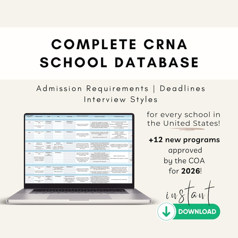 May include: A laptop screen shows a spreadsheet with data. The text reads "COMPLETE CRNA SCHOOL DATABASE" and "Admission Requirements | Deadlines | Interview Styles." Additional text includes "+12 new programs approved by the COA for 2026!" and "instant DOWNLOAD."