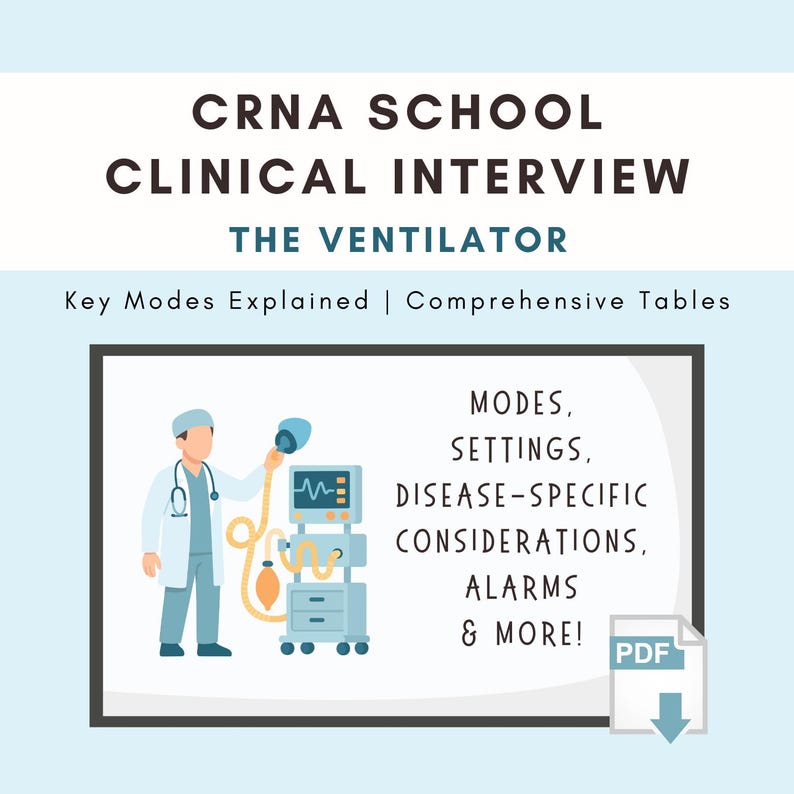 May include: Educational document titled CRNA SCHOOL CLINICAL INTERVIEW THE VENTILATOR. It features a medical professional illustration, a ventilator machine, and text detailing modes, settings, disease-specific considerations, and alarms.