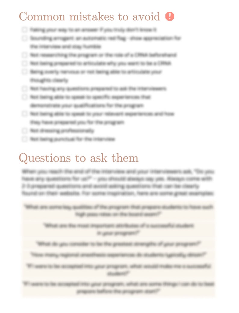 May include: A list of common mistakes to avoid when applying to a program, followed by a list of questions to ask the program interviewers. The text includes the phrase "Questions to ask them".