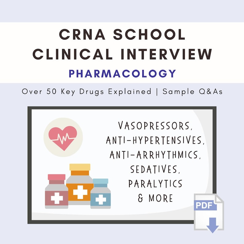 Pu&ograve; includere: Un documento digitale intitolato CRNA SCHOOL CLINICAL INTERVIEW PHARMACOLOGY, Over 50 Key Drugs Explained | Sample Q&As. Presenta un'icona a forma di cuore, tre flaconi di medicinali e un elenco che include Vasopressors, Anti-hypertensives e altro.