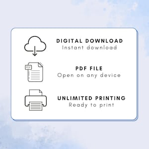 Pu&ograve; includere: Un grafico rettangolare con tre icone nere e testo. L'icona in alto &egrave; una nuvola con una freccia verso il basso etichettata DIGITAL DOWNLOAD Instant download. Quella centrale &egrave; un'icona di documento PDF etichettata PDF FILE Open on any device. Quella in basso &egrave; un'icona di stampante etichettata UNLIMITED PRINTING Ready to print.