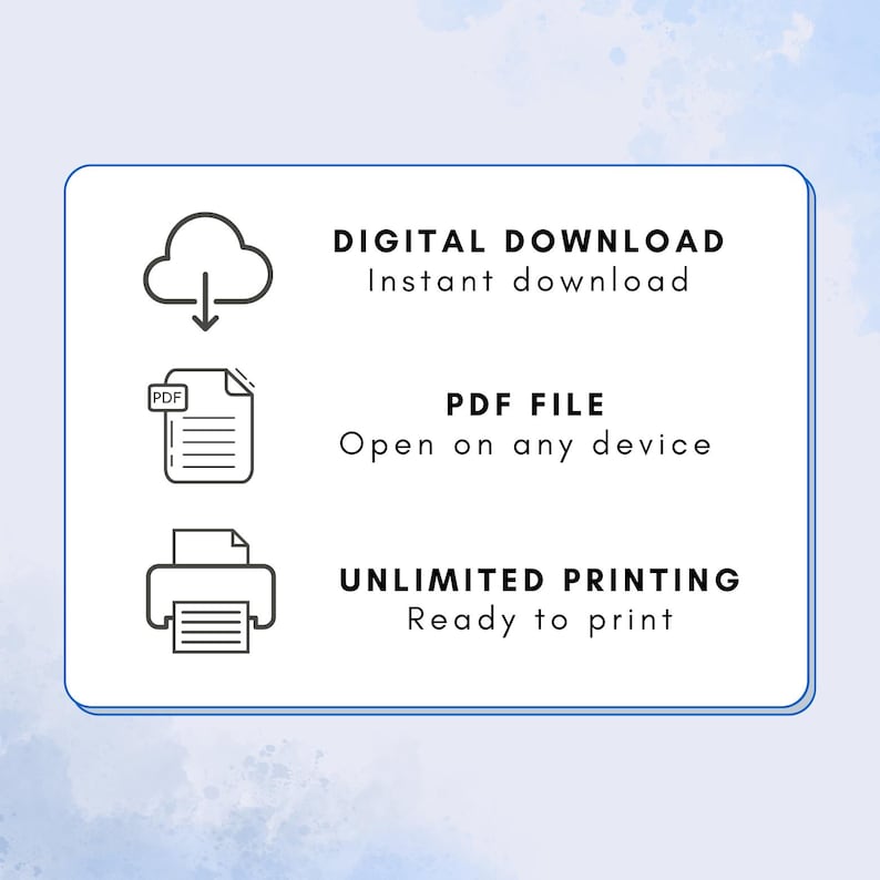 Pu&ograve; includere: Un grafico rettangolare con tre icone nere e testo. L'icona in alto &egrave; una nuvola con una freccia verso il basso etichettata DIGITAL DOWNLOAD Instant download. Quella centrale &egrave; un'icona di documento PDF etichettata PDF FILE Open on any device. Quella in basso &egrave; un'icona di stampante etichettata UNLIMITED PRINTING Ready to print.