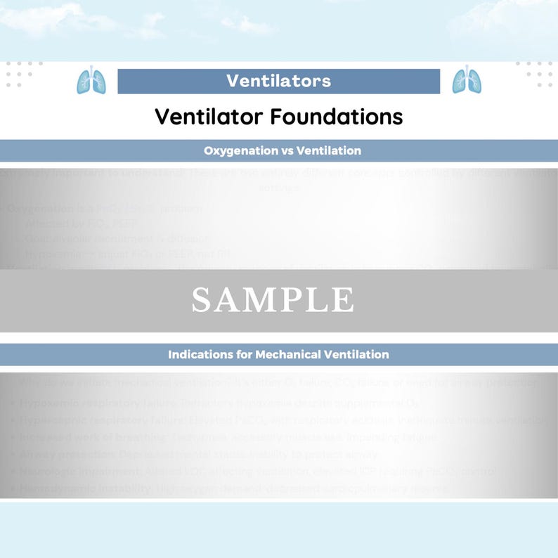 May include: An educational infographic titled Ventilators and Ventilator Foundations with blue headers, lung icons, and sections for Oxygenation vs Ventilation, a central SAMPLE watermark, and Indications for Mechanical Ventilation text.